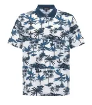 [PEARLY GATES GOLF] Mens Palm Tree Print Collar Short Sleeve T-Shirt - Blue