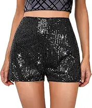[Peinabin] Sequin Shorts for Women High Waist Elastic Sparkly Straight Leg Short Glitter Sparkle Hot Pants Solid Party Black