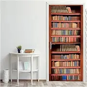 Door Stickers 3D Vintage Bookshelf Door Stickers Library Bookcase Home Bedroom Wallpaper Decal Removable Waterproof(F,77x200cm)