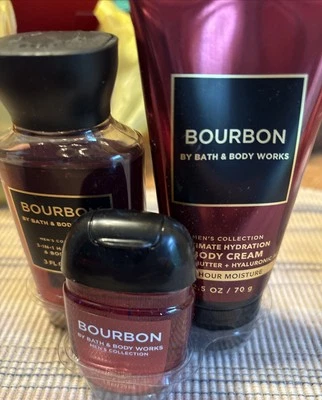 Bath & Body Works 3pc LOT Set Travel Bourbon Men's Wash Cream Sanitizer Hand Gel