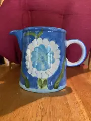 Vintage WCL Large Hand Painted Ceramic Pitcher Blue And White Floral Design