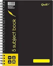 Quill, 5 Subject Notebook A4, 250 Pages, 8mm ruled, 70gsm, 7 Punched Holes, with Red Margin and Perforated Pages, Water Resistent Black Cover