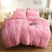XeGe Plush Shaggy Duvet Cover Set, Luxury Ultra Soft Crystal Velvet Fluffy Bedding Sets 3 Pieces(1 Furry Faux Fur Comforter Cover + 2 Fuzzy Faux Fur Pillowcases) Zipper Closure(Queen, Light Pink)