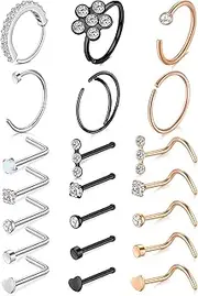 [Briana Williams] 20g Nose Rings Hoop L Shape Nose Studs Stainless Steel Nose Screw Bone Flat Top Diamond Opal Heart High Nostril Piercing Jewelry Silver Rose Gold Black Pack for Women Men
