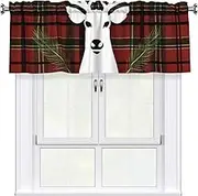 Merry Christmas Reindeer Tartan Xmas Valances for Windows, Rod Pocket Window Treatment Drapes Farmhouse Kitchen Curtains Short Blackout Window Curtains for Living Room Bedroom Decor 54x18 Inch