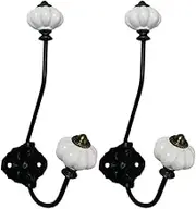 30GO Set of 2 Antique Decorative Hooks Ceramic Iron Hooks w/Screws, Vintage Pumpkin Metal Ceramic Wall Coat Hooks (White)