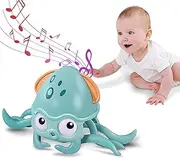 QINGBAO Crawling Octopus Baby Toy with Lights, Music, and Sensor Barrier Function, Rechargeable, Fun Moving Toy for Babies, Toddlers and Kids (Blue) with USB Charging Cable