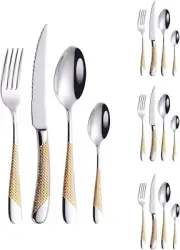 16-Piece Hammered Silver Gold Silverware Set Modern 18/10 Stainless Steel