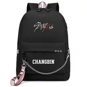 Kopo Stray Kids Felix USB Backpack School Book Black Pink Bag Mochila Travel Bags Laptop Chain Backpack W/ Headphone USB Port Style 7