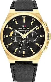 [Tommy Hilfiger] Dexter Leather Strap Quartz Analog Dial Men's Watch, Black/Gold