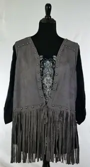Women's Fringe Vest Jacket Top Cowboy Southern Studs Gunmetal Gray Small Medium