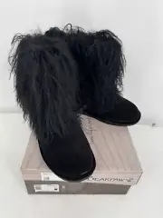 $225 Bearpaw Boo Black Curly Lamb Fur Wool Inside Suede Leather Boots Sz 8