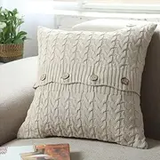 Home Decor Sofa Bed Knitted Pillow Cushion Cover Twisted Stripes w Buttons 45x45cm (Natural)