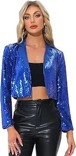 [Allegra K] Women's Christmas Costume Sequin Jacket Party Lapel Collar Open Front Short Sparkling Blazer Cardigan, Blue, L