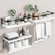 SsnDdm Wall Mounted Bathroom Shelves Over Toilet, Rustic Wood Floating Shelves with Metal Frame and Towel Bar for Bathroom, Kitchen, Bedroom, Living Room (White)
