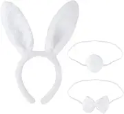 O'Mango Easter Bunny Ears Set, 3 Piece Plush Rabbit Ears Headband Bow Tie and Tail for Halloween Cosplay Party Dress Up Accessories