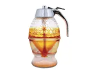 Honey Dispenser No Drip Glass - Maple Syrup Dispenser Glass - Honey Comb Shaped Honey Pot - Honey Jar with Stand