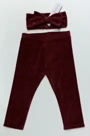 NEW Baby Infant Fleece Pants & Bow Headband Set 2-Piece Outfit Red Various Sizes