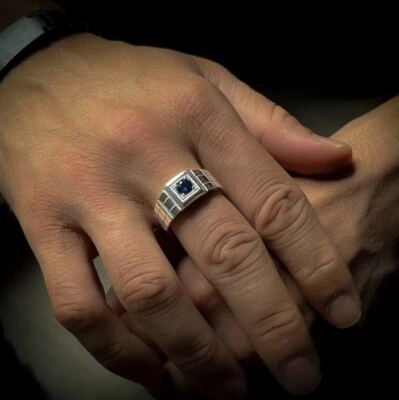 Lab created blue sapphire stone silver ring for men, 925 silver sapphire ring