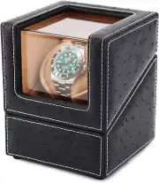 Automatic Single Watch Winder - Black Ostrich Leather, Soft Camel Velvet Pillows