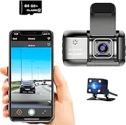 Dual Lens DVR Dash Cam 1080 P HD Car DVR Front and Rear Camera Recorder with Built-in WiFi LCD (170 Degree Wide) with 64 GB High Speed SD Card Free 24 Hour Parking Monitoring/Night Vision/G-Sensor