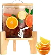 Glass Drink Dispenser, Beverage Dispenser with Tap and Bamboo Stand, Cover Wide Mouth Iced Drink Jar for Party Drink, Juice, Iced Tea, Lemonade, Cold Brew 1.5L