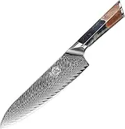 MITSUMOTO SAKARI Japanese Damascus Chef Knife 21 cm Professional Hand-Forged VG-10, Ultra Sharp Meat Sushi Cleaver, Kitchen Santoku (Nanmu Knife Handle and Wooden Box)