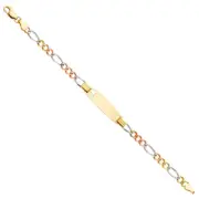Real 14K Tri Tone Gold 6" Figaro Chain Child Kid Baby Heart ID Bracelet