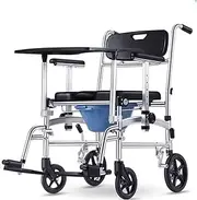 Bathroom 4 in 1 Bedside Commode w/Dinner Desk Tray and Potty Foldable Aluminum Alloy Shower Chair Toilet w/Arms Waterproof Transport Wheelchair for Seniors Home Use