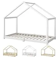 ALFORDSON Kids Bed Frame Wooden Timber House Frame Single Size Mattress Base Platform, Pine Wood Bed Base Foundation Children's Beds, Bedroom Furniture in White Colour w/o Guard Rail