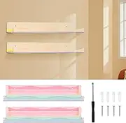 2Pcs Wall Mounted Colourful Acrylic Shelf Clear Acrylic Wall Mounted Floating Shelf Floating Bookshelf Organizer Floating Wall Ledge Shelf Display Shelf for Bathroom, Living Room