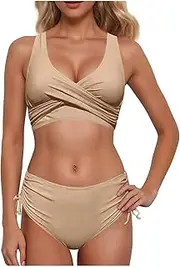 [Generic] Women High Waisted Bikini Sets Two Piece Solid Color Drawstring Swimsuit Push Up Twist Front Ruched Bathing Suit