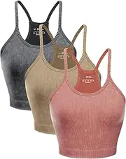 Innvix Women's Crop 3-Pack Washed Seamless Rib-Knit Yoga Camisole Crop Tank Tops - Racerback Sport Tank Tops