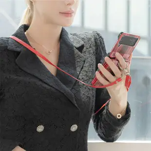 韓國 LM 交錯格紋 長背帶 指環皮套 手機殼 含背帶│Z Flip5 Flip4│z0132