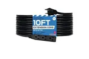 10 Ft Black Extension Cord with 3 Electrical Power Outlets - 16 Gauge SJTW
