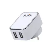 Klik 15W Dual Port USB Wall Charger suits iPhone iPad iPod Smartphone Tablet White