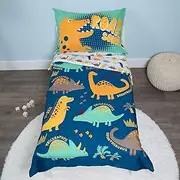 Funhouse 4 Piece Toddler Bedding Set - Includes Quilted Comforter, Fitted Sheet, Top Sheet, and Pillow Case - Dinosaur Roar Design for Boys Bed