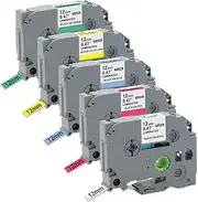 OLITY TCZ-231 Multi Color Label Tape Compatible with Brother P-Touch PT-H100 PT-E100 PT-D200, Black on Clear, 12mm 0.47 Inch, 8M per Tape, 5 Pack, White/Red/Blue/Yellow/Green