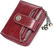 [HARPIMER] Small Womens Wallet Leather Bifold Card Holder RFID Blocking with Zipper Coin Pocket (Wine Red)