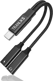 TRANLIKS USB C Splitter, Dual USB C Headphone and Charger Adapter, 2 in 1 Type C Audio with PD 60W Fast Charging for 15/16 Series and USB C Devices - Black