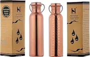 HealthGoodsAU - Set of Hammered and Plain Copper Water Bottle with Handle | Leak-Proof Seamless Water Bottle Set 600 Ml (20.28 Fluid Ounce)