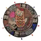 Ethnic Round Floor Cushion Cover Vintage Patchwork Black 28x28 Cotton Foot Stool