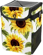 Car Trash Can with Lid and Storage Pockets Leak-Proof Organizer,Multipurpose Trash Bin for Car,Floral Sunflower Pattern