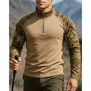 Men's Polo Sweatshirt Hiking top Long Sleeve Stand Collar Top Outdoor Breathable Quick Dry Lightweight Elastic Quarter-Zip Pullover Polyester Camo Army Green L