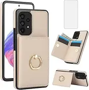 [Asuwish] Phone Case for Samsung Galaxy A73 5G Cover with Tempered Glass Screen Protector and RFID Card Holder Slot Kickstand Ring Cell Accessories Wallet Flip Mobile A 73 S73 73A G5 Women Men Off White