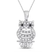 14k White Gold Round Black Diamond Owl Bird Animal Pendant 1/6 Cttw