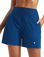 [baleaf] Women's Swim Shorts High Waisted with Zip Pokcets Drawstring Swimming Board Shorts 5''
