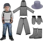 Kids Net Fishing Hat Netting Protection Cap Netting Suit with Zipper on Hood Ultra-fine Mesh Pants Mitt Socks for Girls Boys Gardening Camping Hiking, Multicolor