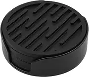 Set of 6 NUZAMAS Silicone Coasters with Holder Black Round Drink Coasters Striped Drainage Tea Cups Pad Rubber Mug Coaster 4 inch Cup Mat for Home Bar Office Parties