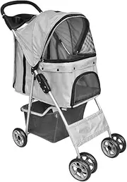 Folding Pet Stroller for Dogs and Cats, Travel Carrier in Grey, Foldable Design, 37x80x99cm, Lightweight and Durable, Water-Repellent, Tear-Resistant, with Storage Basket and Shock Absorbing Wheels